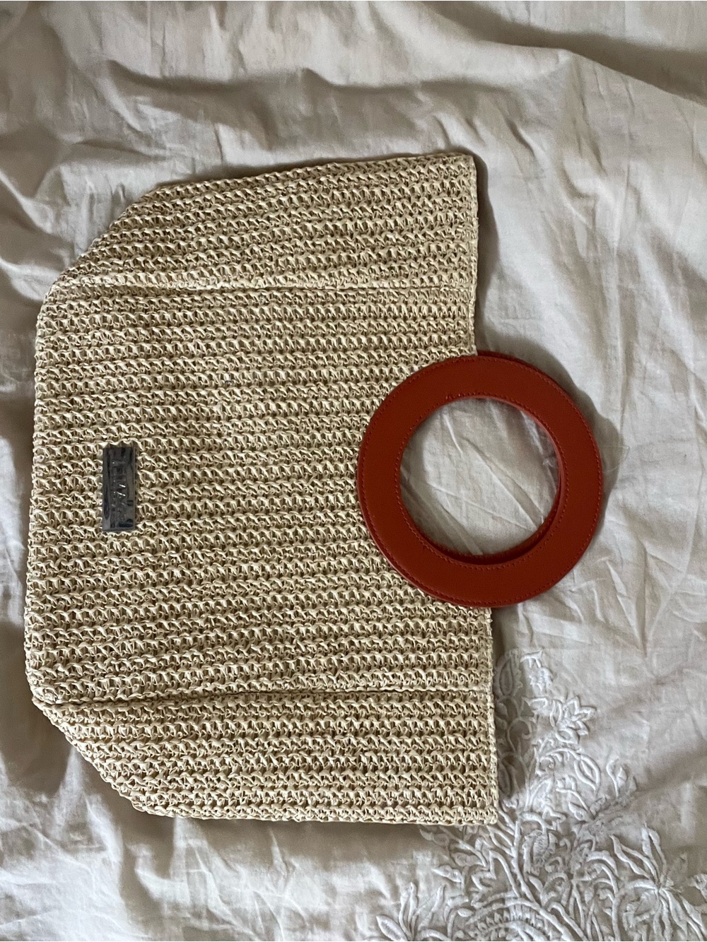 Woven Straw Circle-Handle Clutch in Natural with Red Handle